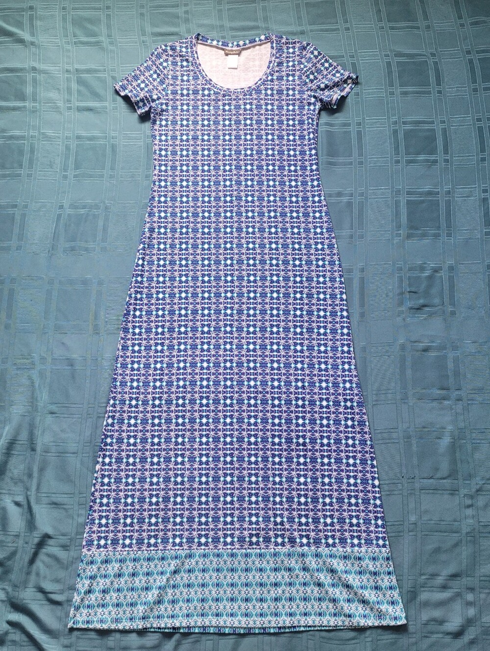 Tommy Bahama Womens Small Maxi Dress Blue Aqua Geometric Print Cotton Stretch